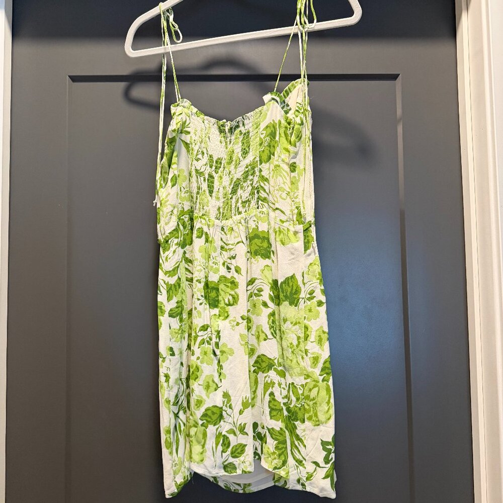 Short, green and cream, smocked-backed floral Dress